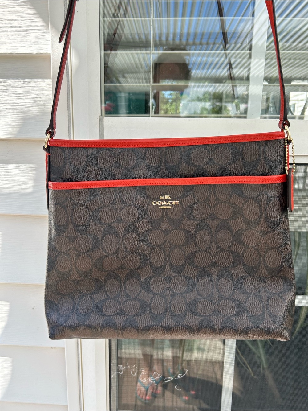Coach Brown Signature Crossbody with Red Trim